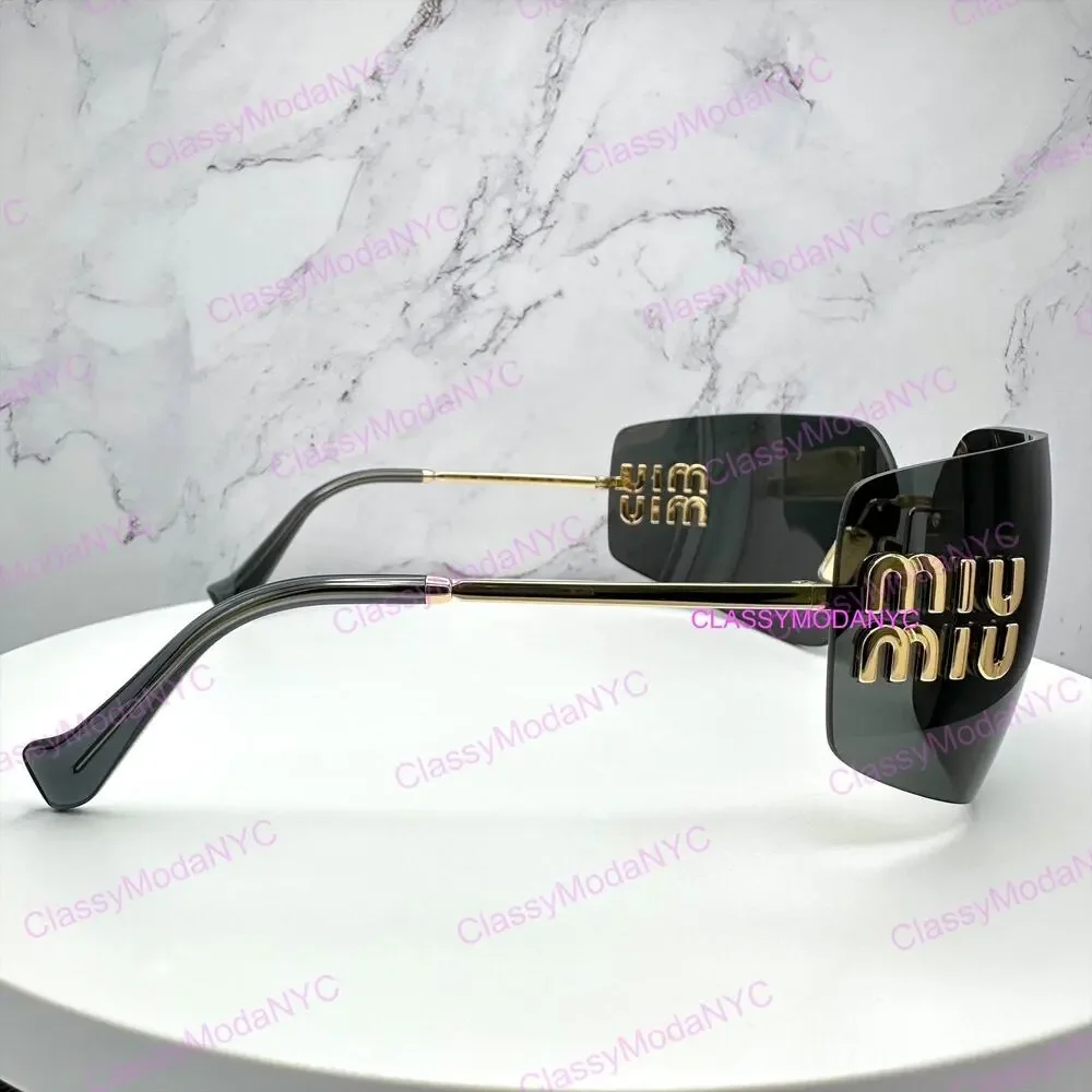 New MIU MIU Sunglasses Gold Rimless Wrap Square Oversized MIU MIU Logo Italy